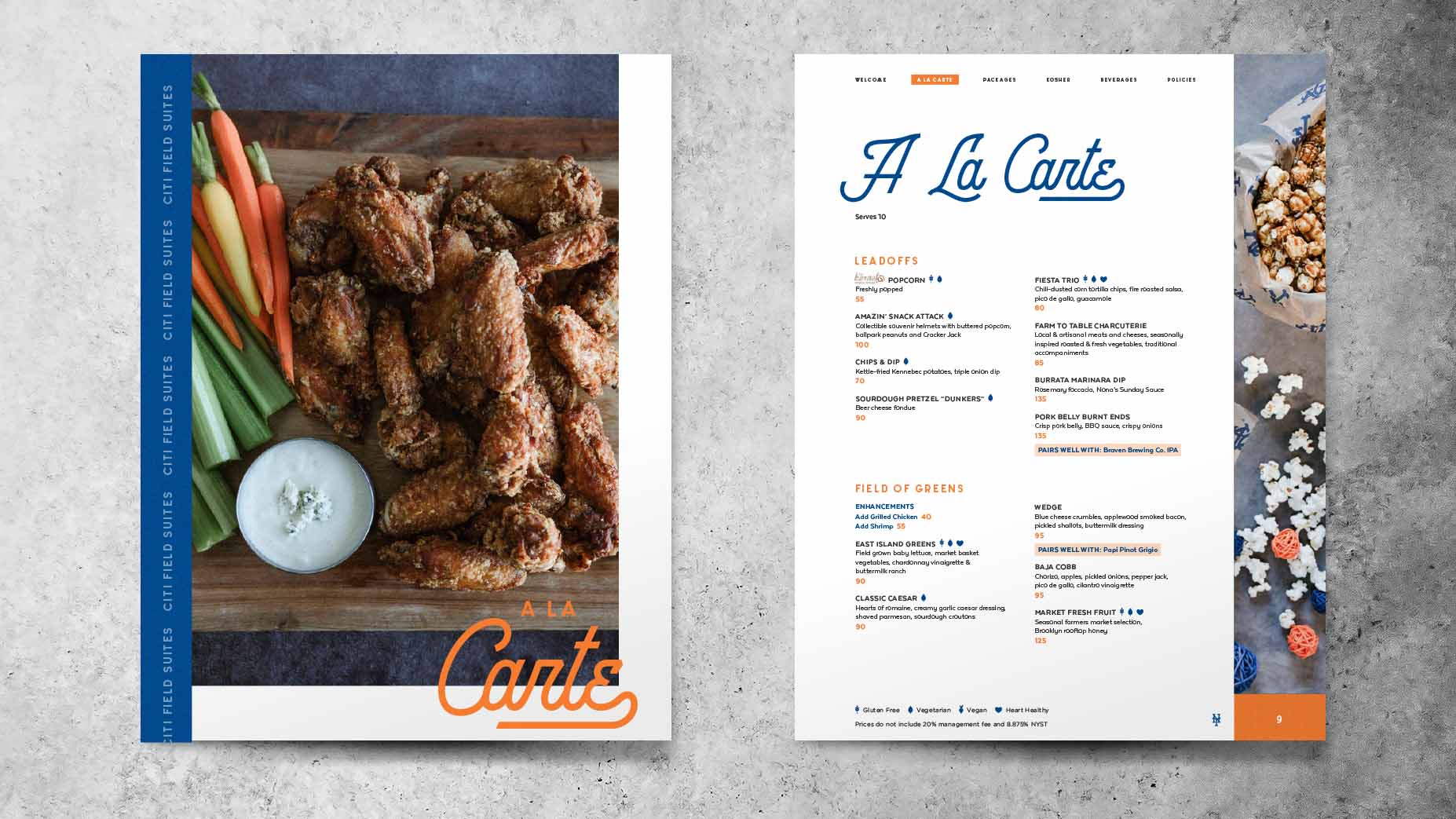 Marble countertop showing design of the A La Carte intro page and menu for Aramark Citi Field's catering offerings in the stadium.