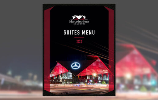Cover of a menu design for Mercedes-Benz Stadium, a stadium or arena in Atlanta, Georgia.