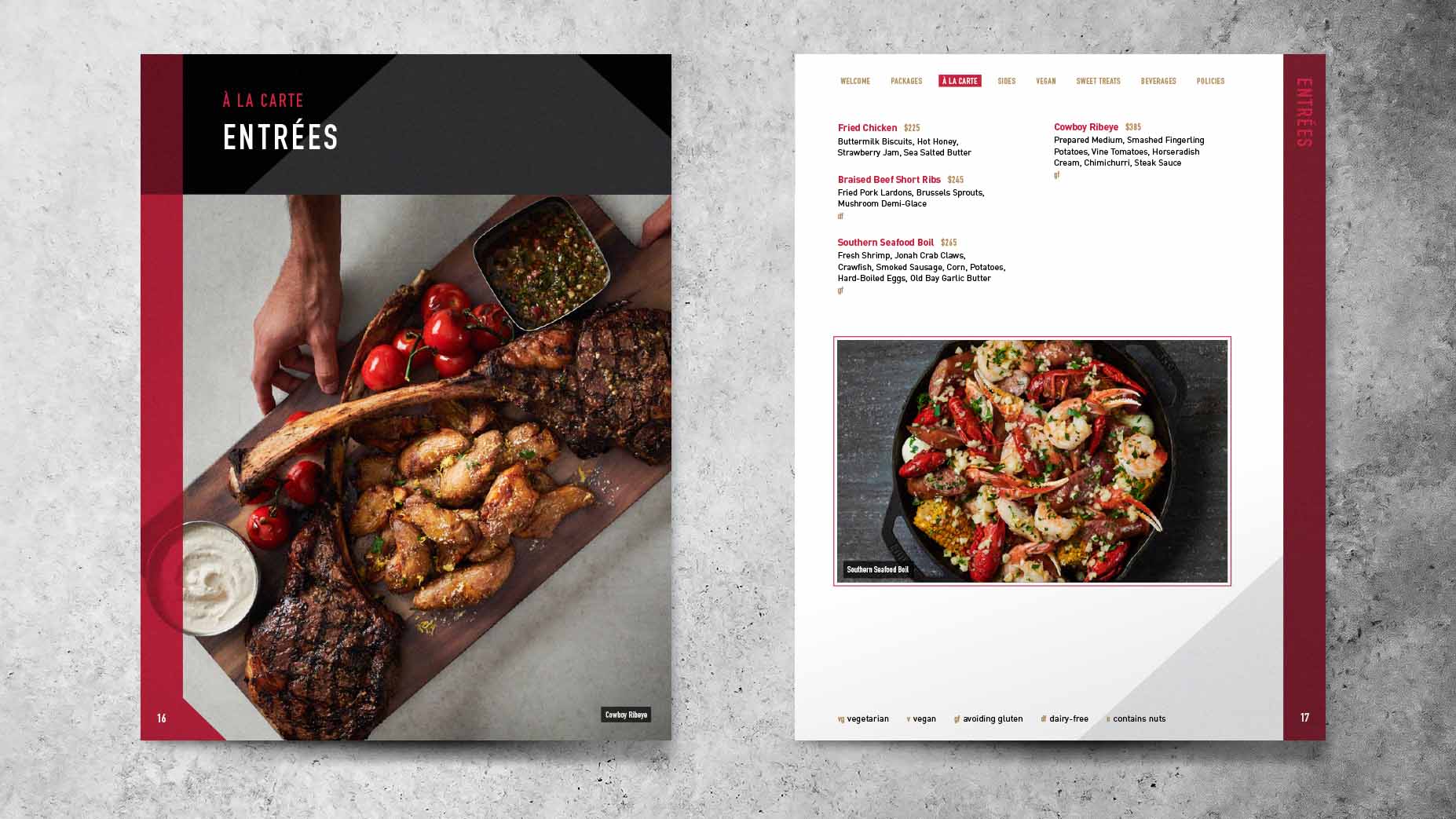 Marble countertop showing design of the Entrees intro page and menu for Levy Mercedes-Benz Stadium's suites offerings.