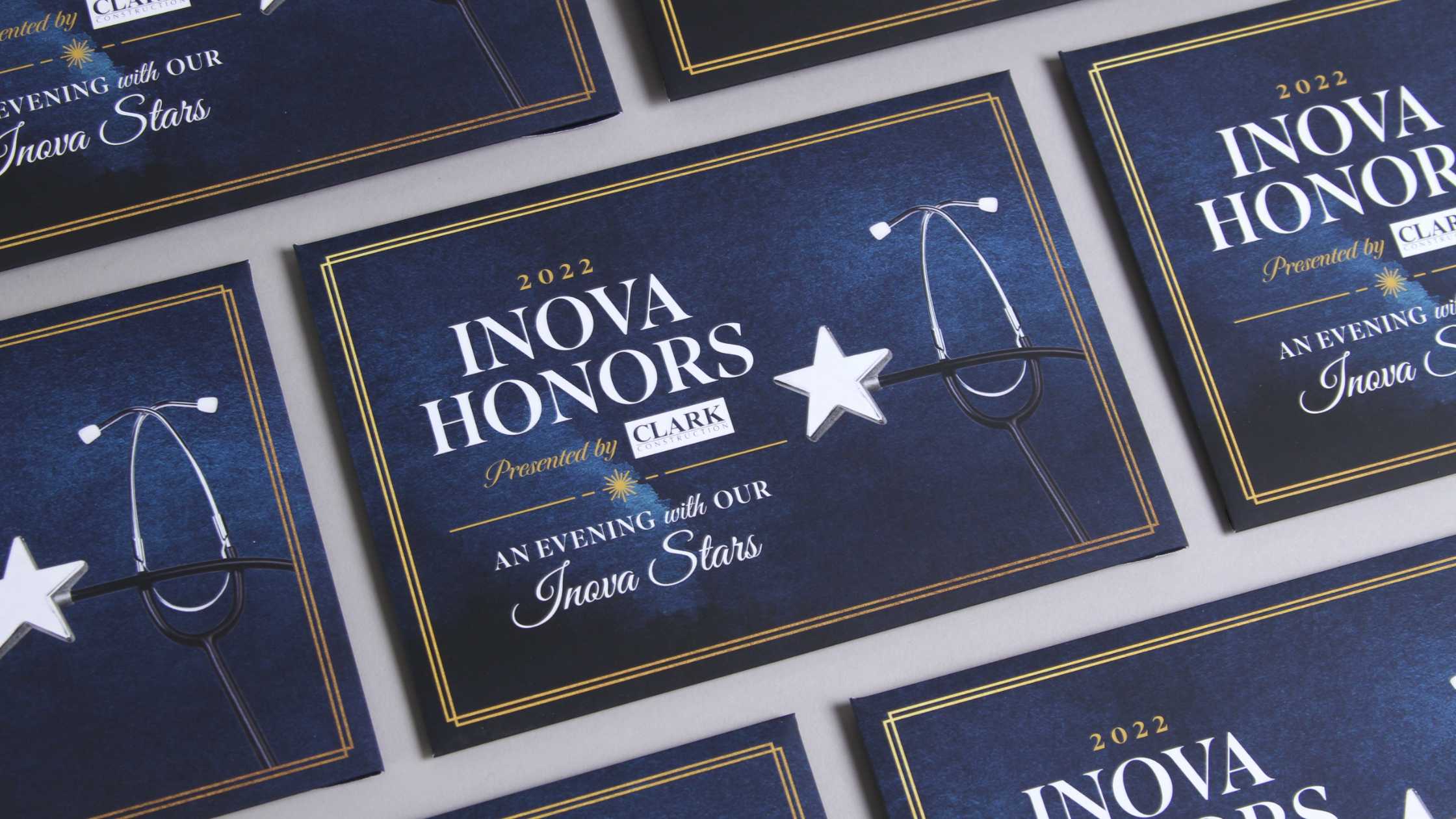 Gala event branding showing the Inova Honors invitation front design tiled in a masonry grid.