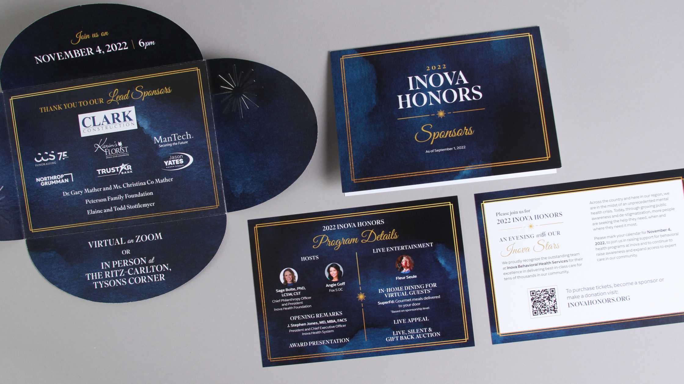 Gala event branding applied to the invitation package for the Inova Honors Gala. The package includes a petal enclosure, major sponsors, and preview of the program, and RSVP details on dark blue watercolor textured paper with gold accents.