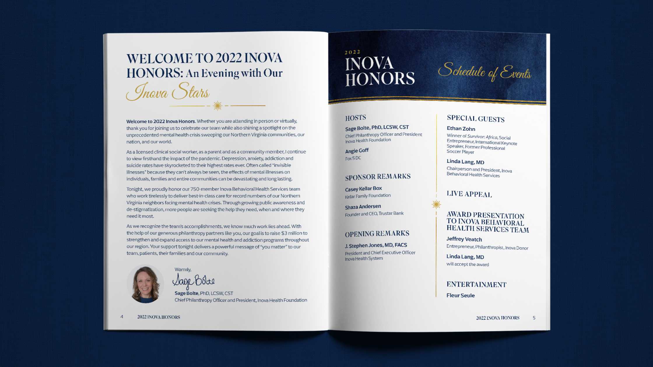 Gala event branding applied to the program booklet, which includes a welcome letter from President of Inova, and the schedule of events.