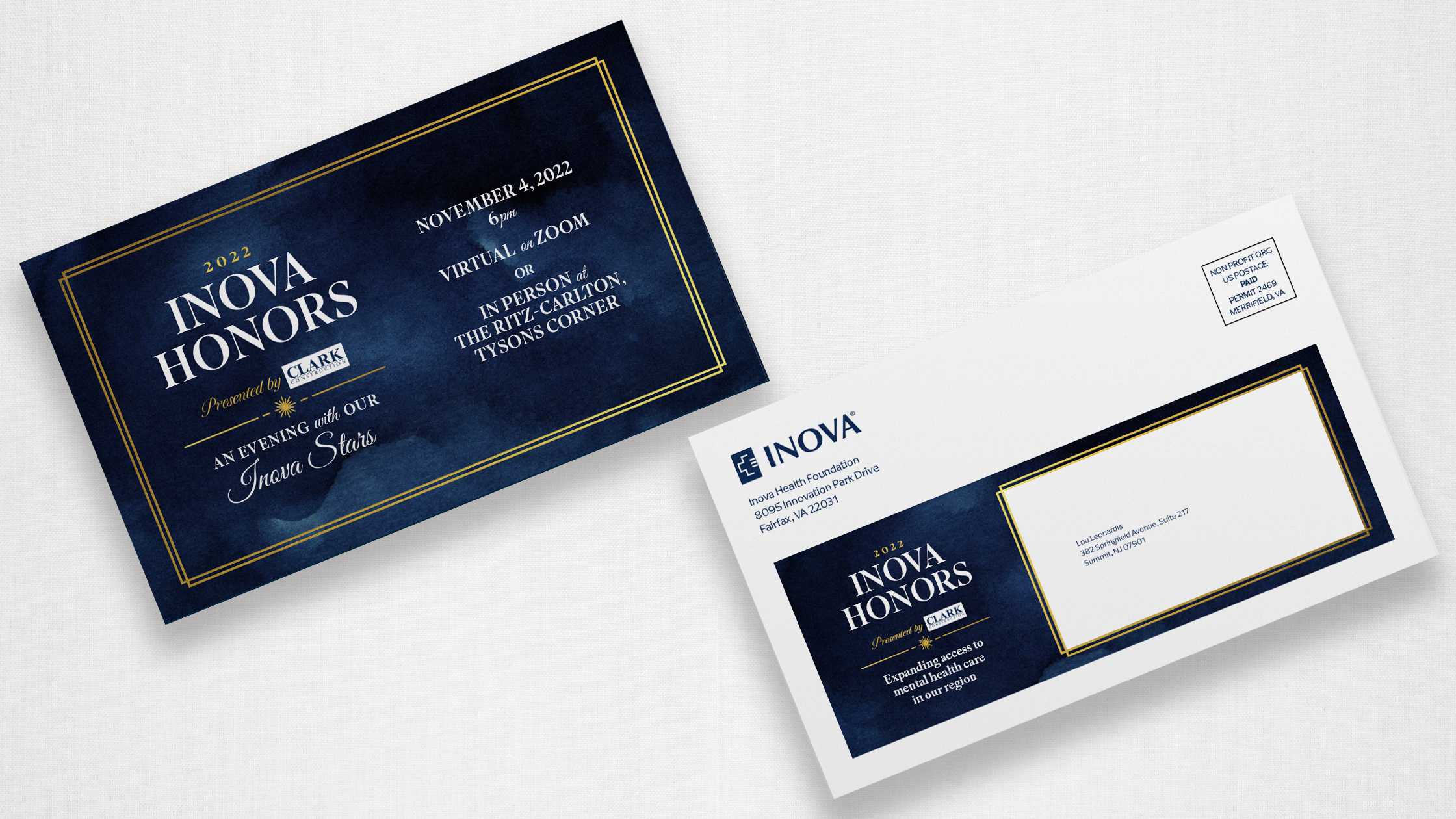 Gala event branding applied to the front and back panels of a self-mailer for the Inova Honors Gala.