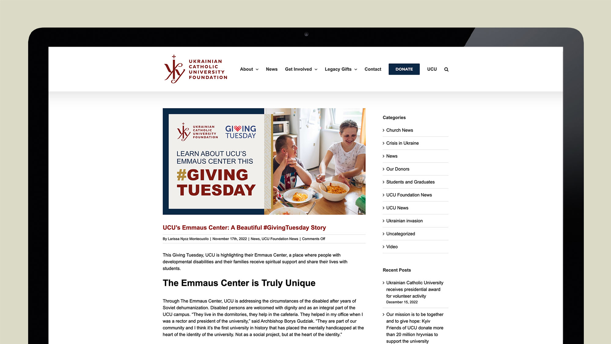 A Giving Tuesday marketing campaign blog post describing why the Emmaus Center at UCU is the focus for fundraising.
