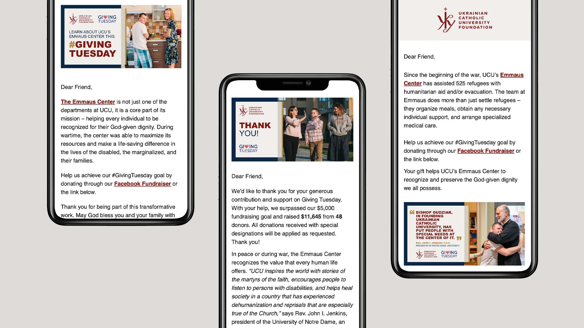 Giving Tuesday marketing campaign that includes three examples of emails received on mobile devices. Each email is fundraising for UCU's Emmaus Center.