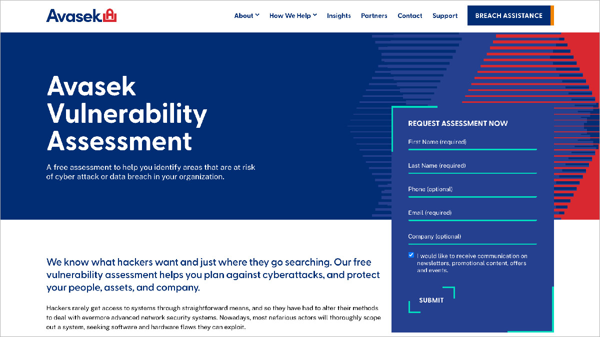 Avasek lead-capture page for a Vulnerability Assessment with a form near the top right of the page, perfectly poised to start automated follow-ups.