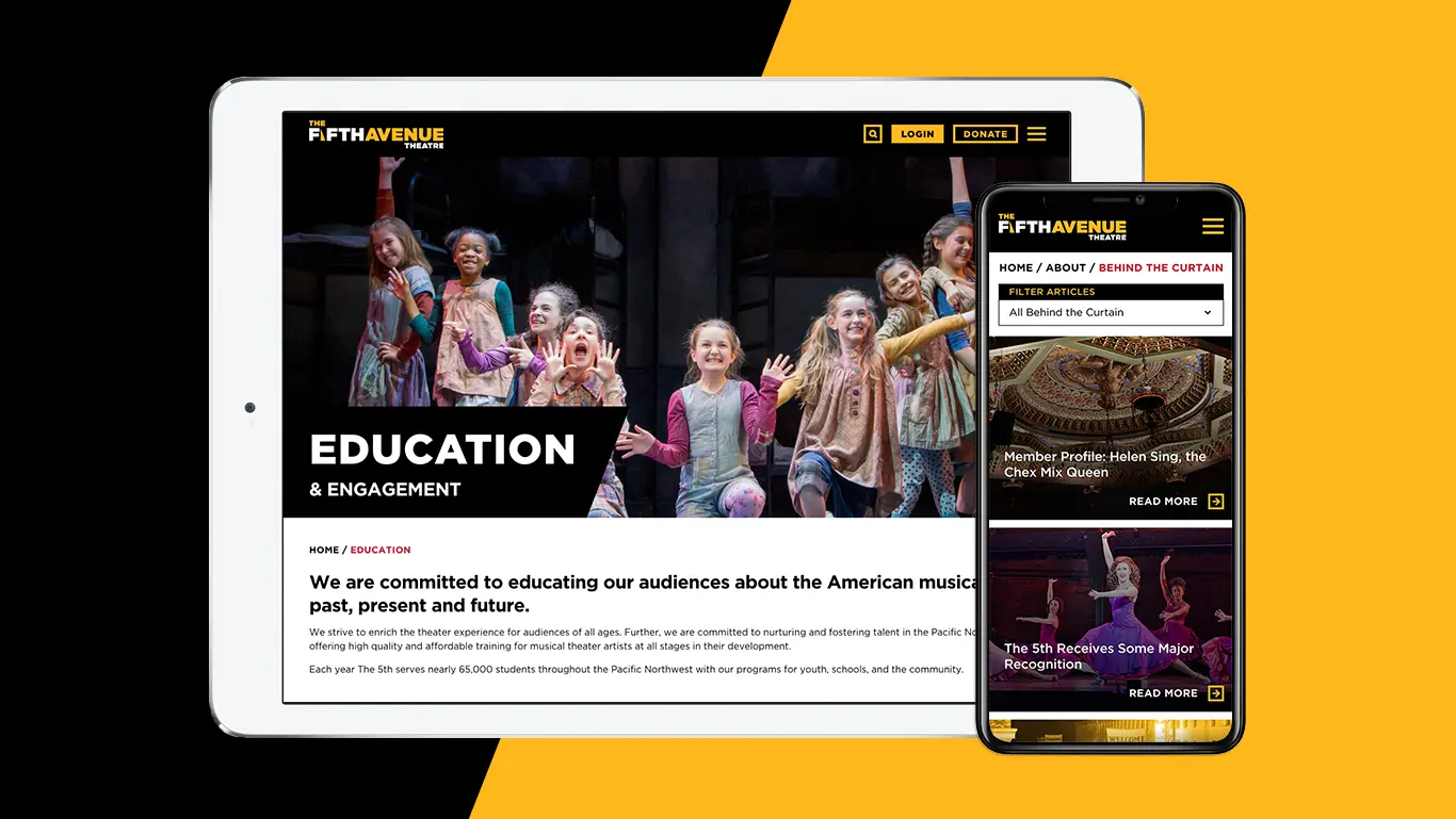 Theatre Website Design showing the Education page on a Tablet and a list of news items on Mobile.