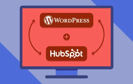 The Wordpress logo and the Hubspot logo on a red background on a monitor with two arrows connecting them and a plus symbol between them.