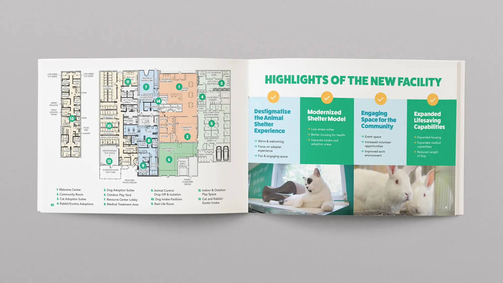 A case for support brochure spread with a floorplan on the left page and a list of highlights on the right side with cute cat and bunny pictures.