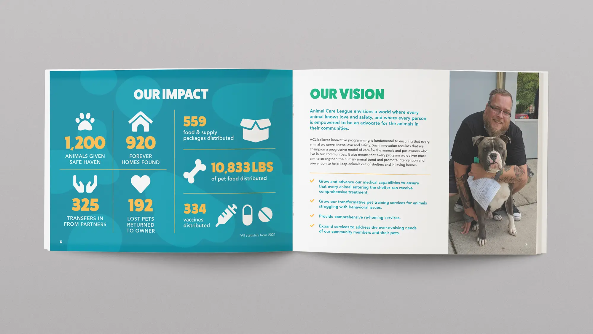 A case for support brochure infographic spread design on the left showing Animal Care League's impact and a page on the right dedicated to their Vision.