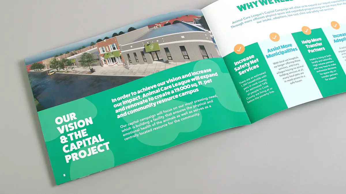 A case for support brochure page showing a rendering of the new facility with the headline "Our Vision & the Capital Project."