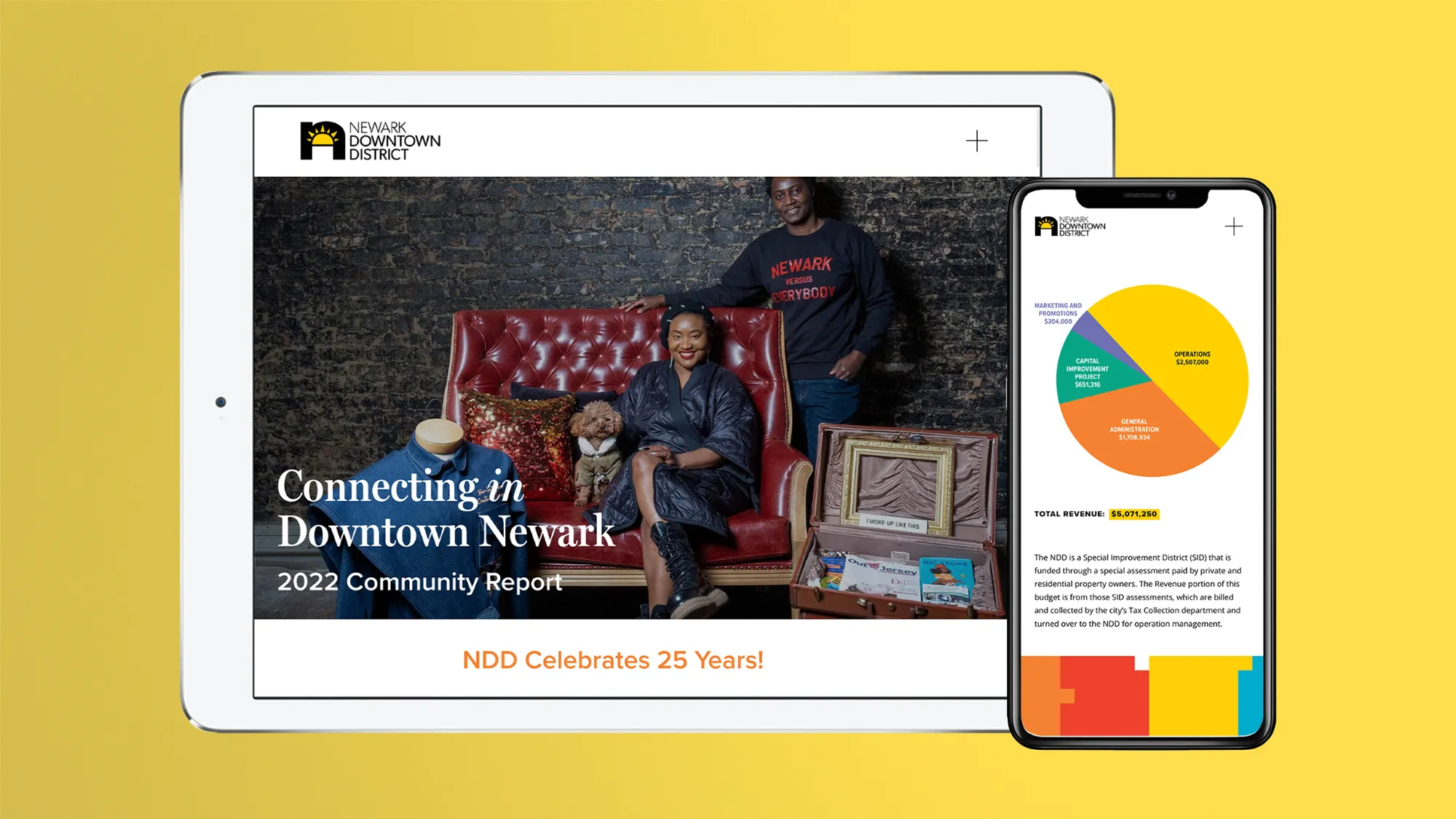 Tablet and mobile screens of the annual impact report website design.