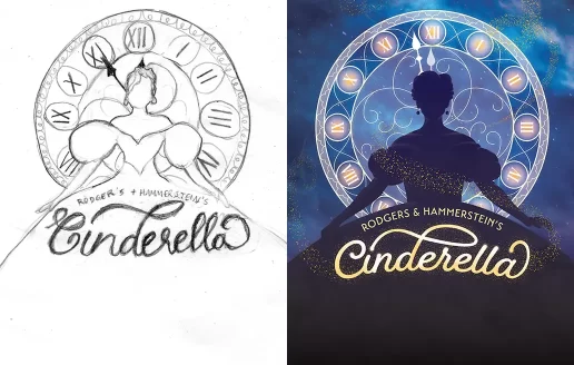 A side-by-side image of a sketch of key art for Cinderella on the left, and the final version on the right.