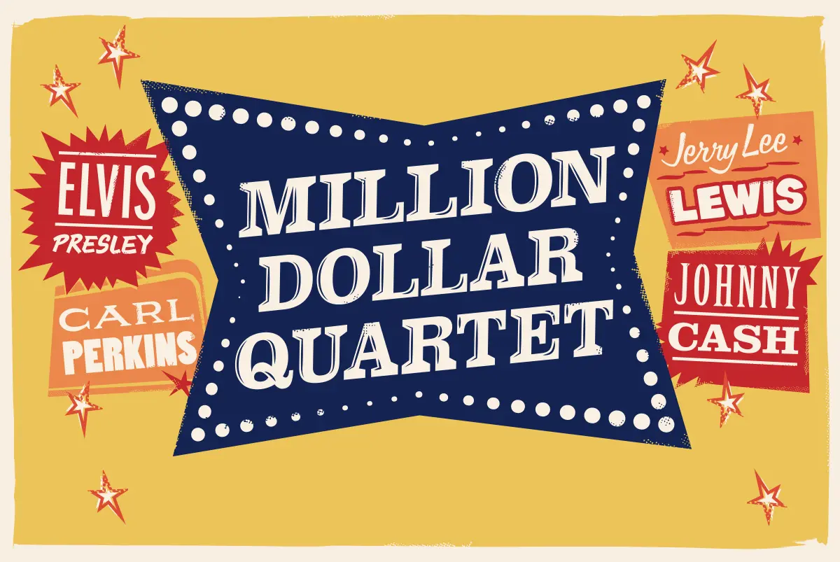 Key art for Million Dollar Quartet, featuring Elvis Presley, Carl Perkins, Jerry Lee Lewis, and Johnny Cash