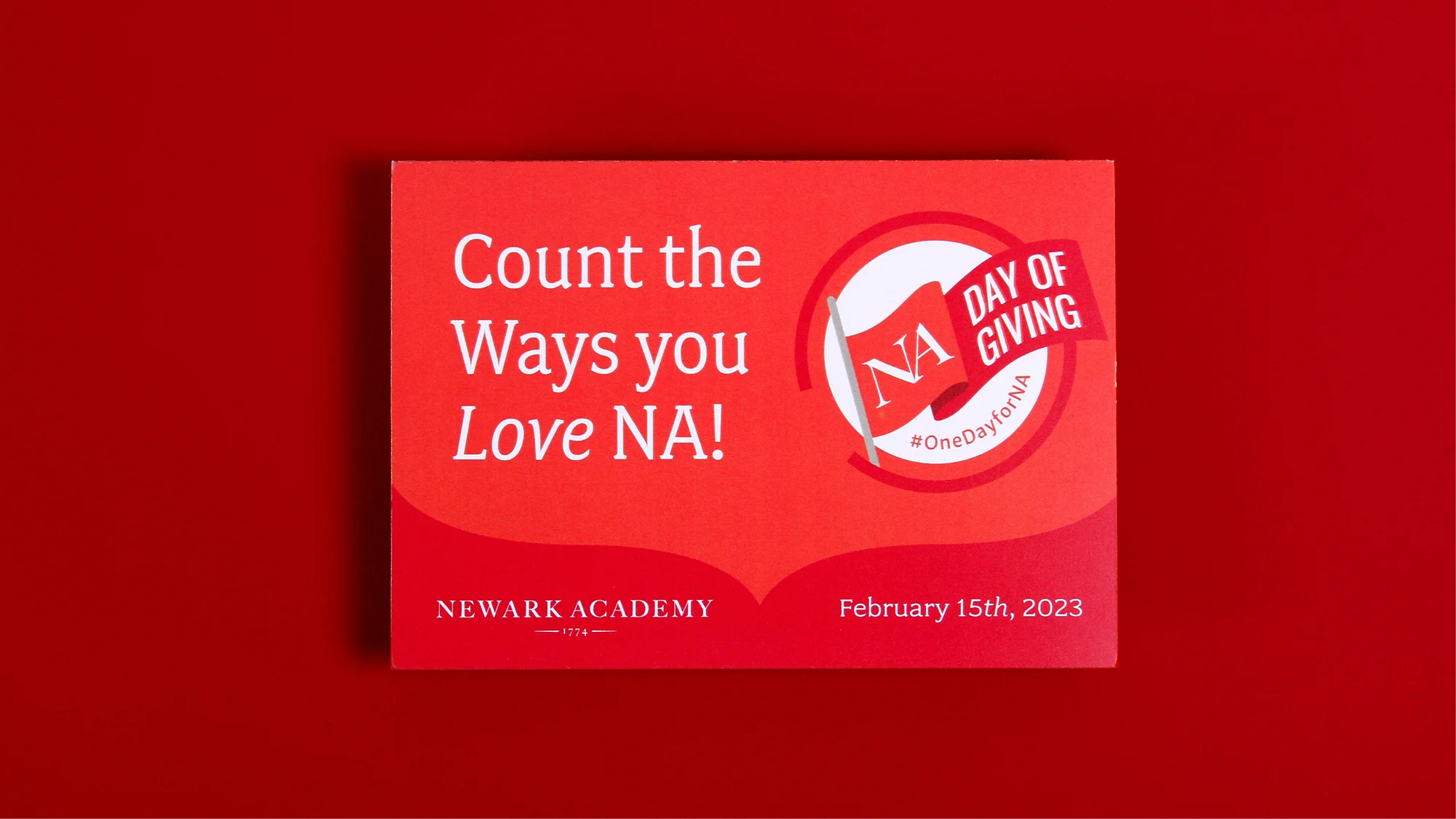 A mailer on a red background that says "Count the Ways you Love NA!" for Newark Academy's Day of Giving campaign.