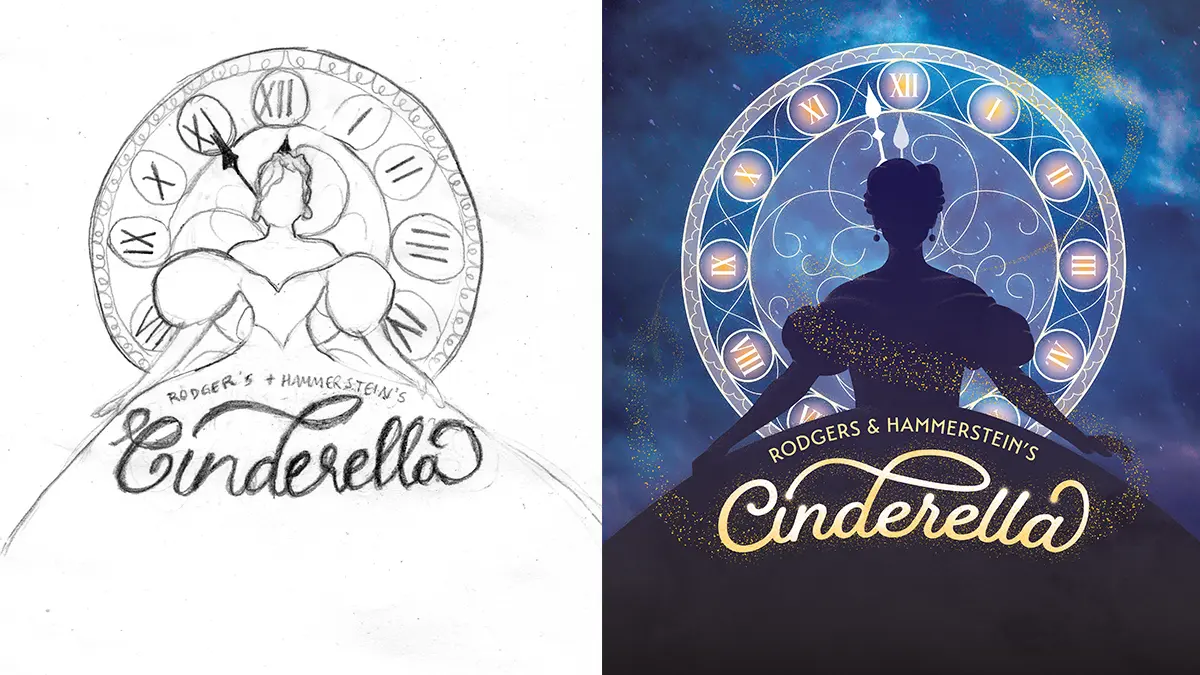 A side-by-side image of a sketch of key art for Cinderella on the left, and the final version on the right.
