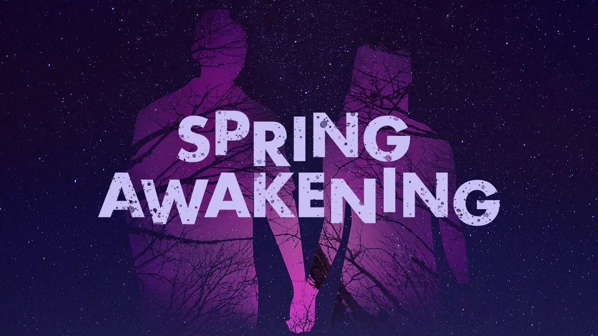 A starry background with a purple silhouette of a couple holding hands, tree branches masked into the figures and staggered, textured text that says Spring Awakening