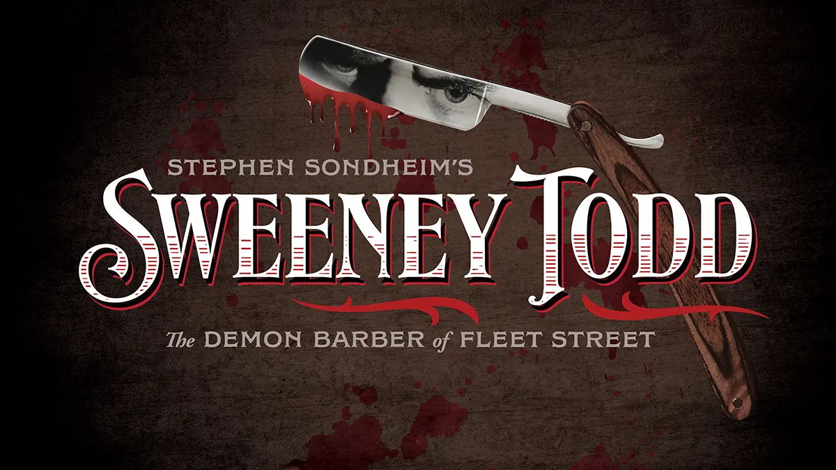 Key art for Sweeney Todd featuring a textured wood background with blood spatters and a switchblade with eyes reflected in its surface.