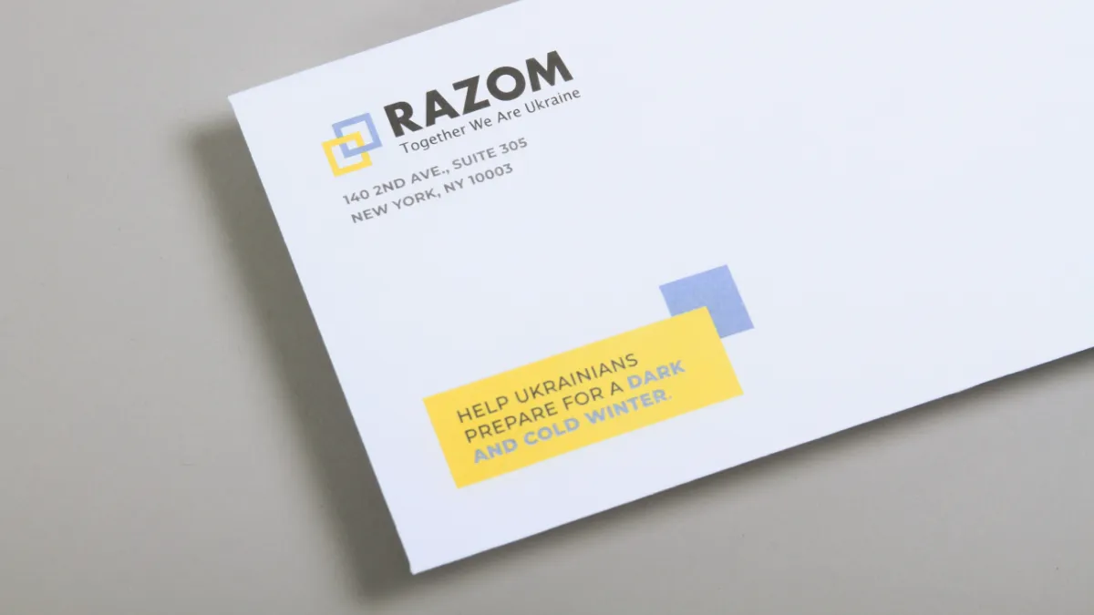 An EOY fundraiser envelope for Razom.