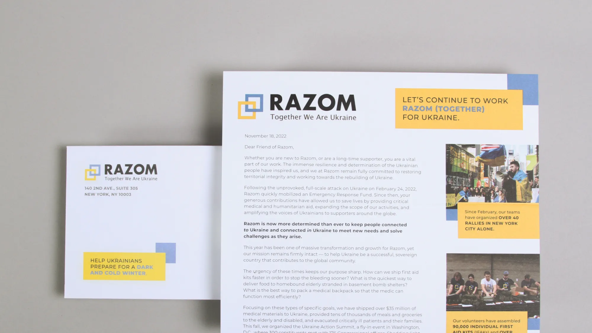 An EOY fundraiser mailer for Razom showcasing a letter and envelope.