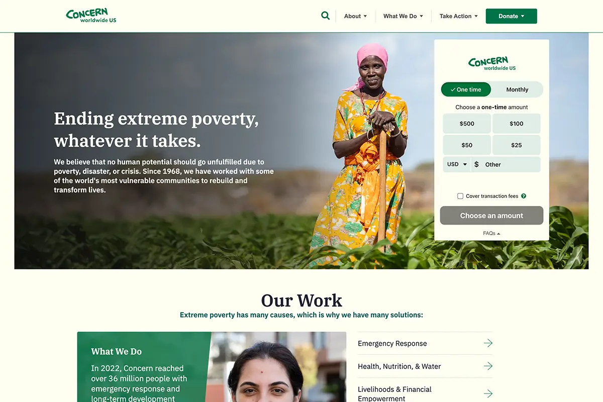 A screenshot of the Concern website home page, an example of not-for-profit web design
