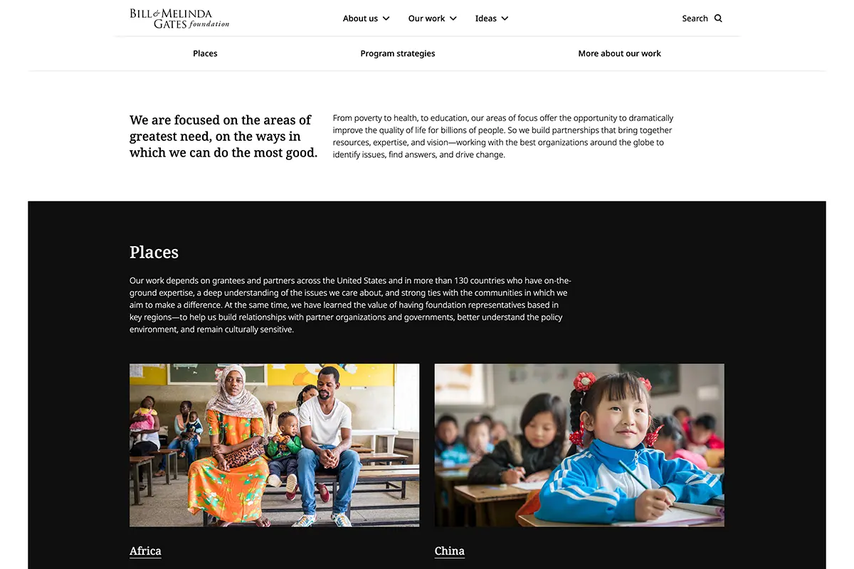A screenshot of the Gates Foundation website, an example of not-for-profit web design
