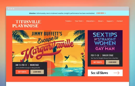 Titusville Playhouse website featuring a logo design and branding.