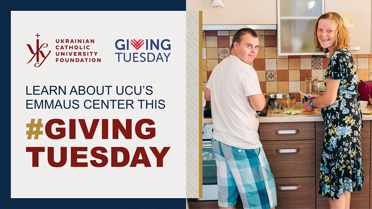 Screenshot of graphic layout for Ukrainian Catholic University Foundation's Giving Tuesday with an image on the right of a boy and girl preparing ingredients for a meal.
