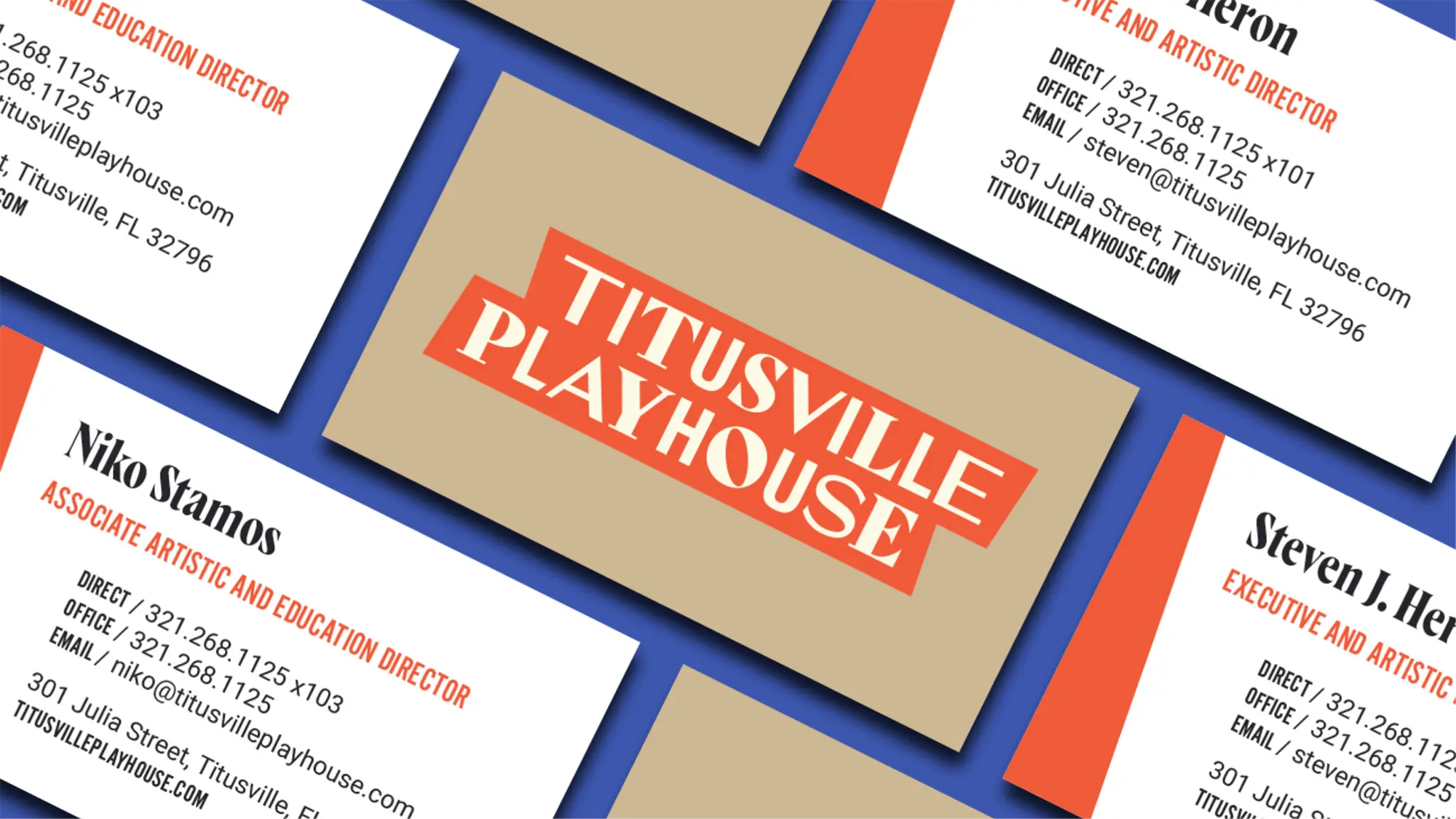 Titusville Playhouse business cards in a masonry layout