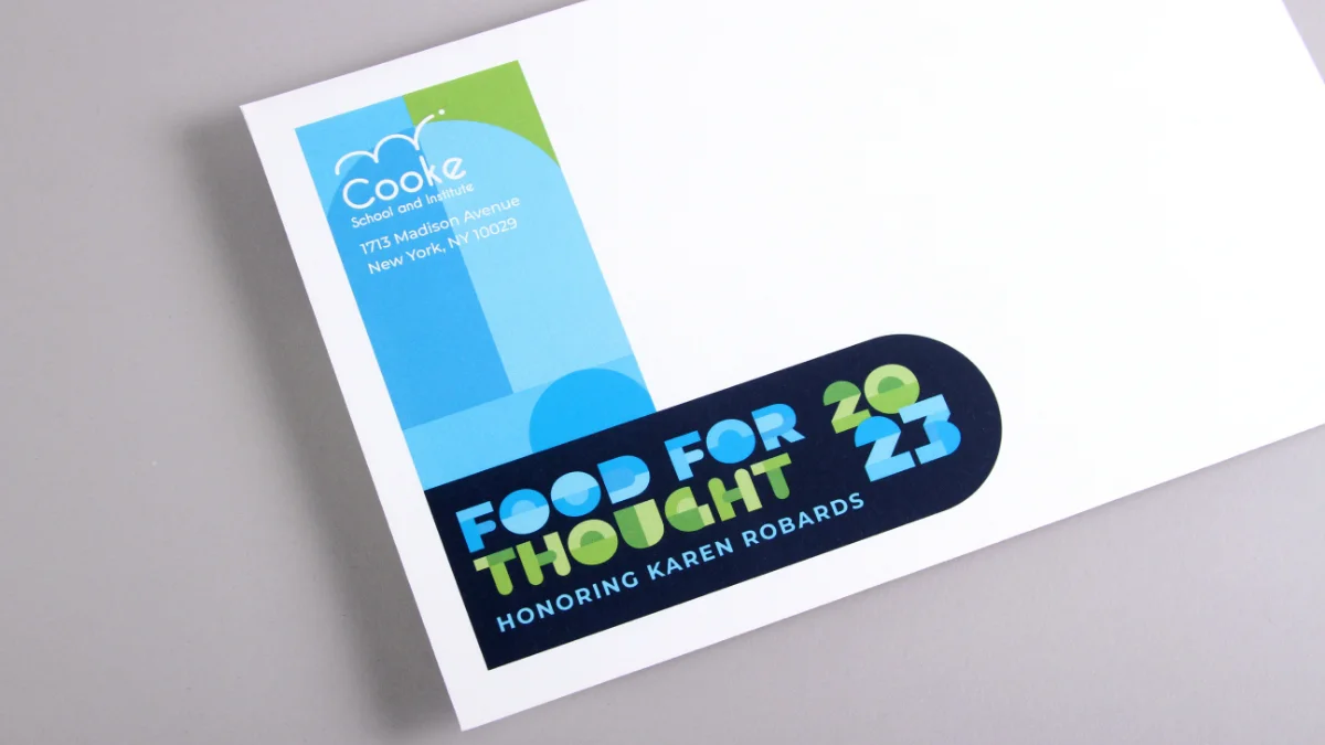 The Food for Thought Gala full-color branded outer envelope.