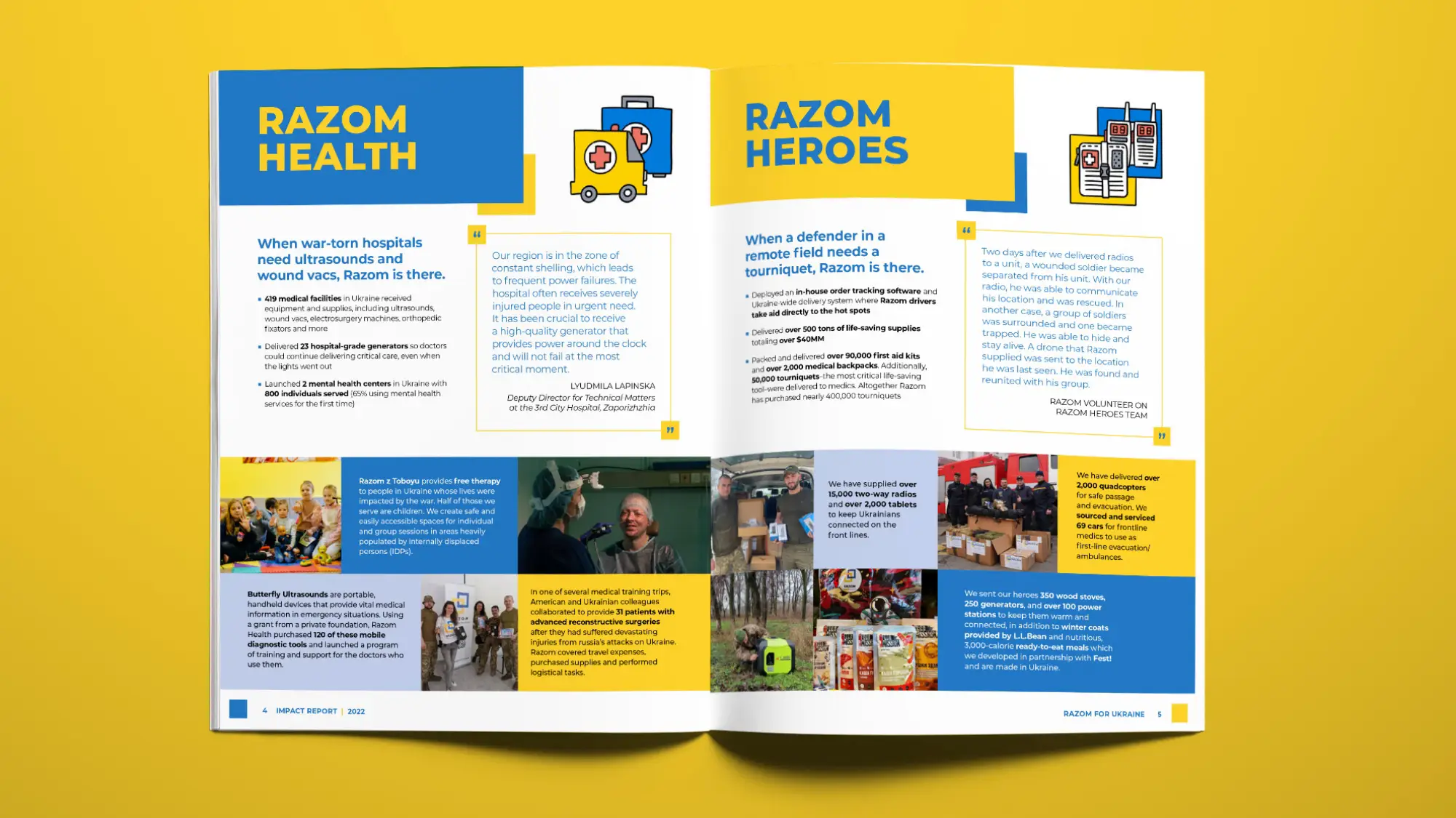 Interior spread of Razom impact report showcasing Razom Health and Razom Heroes.