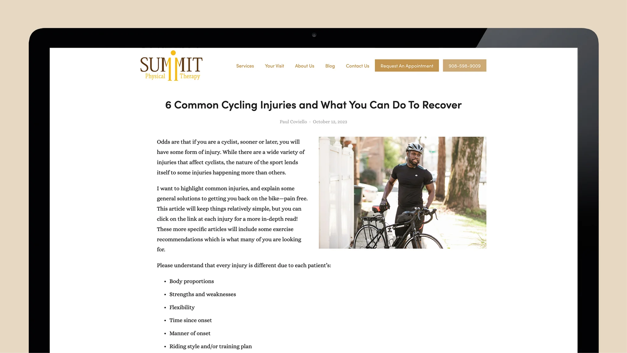 A mockup showing a web page of a blog from Summit Physical Therapy.