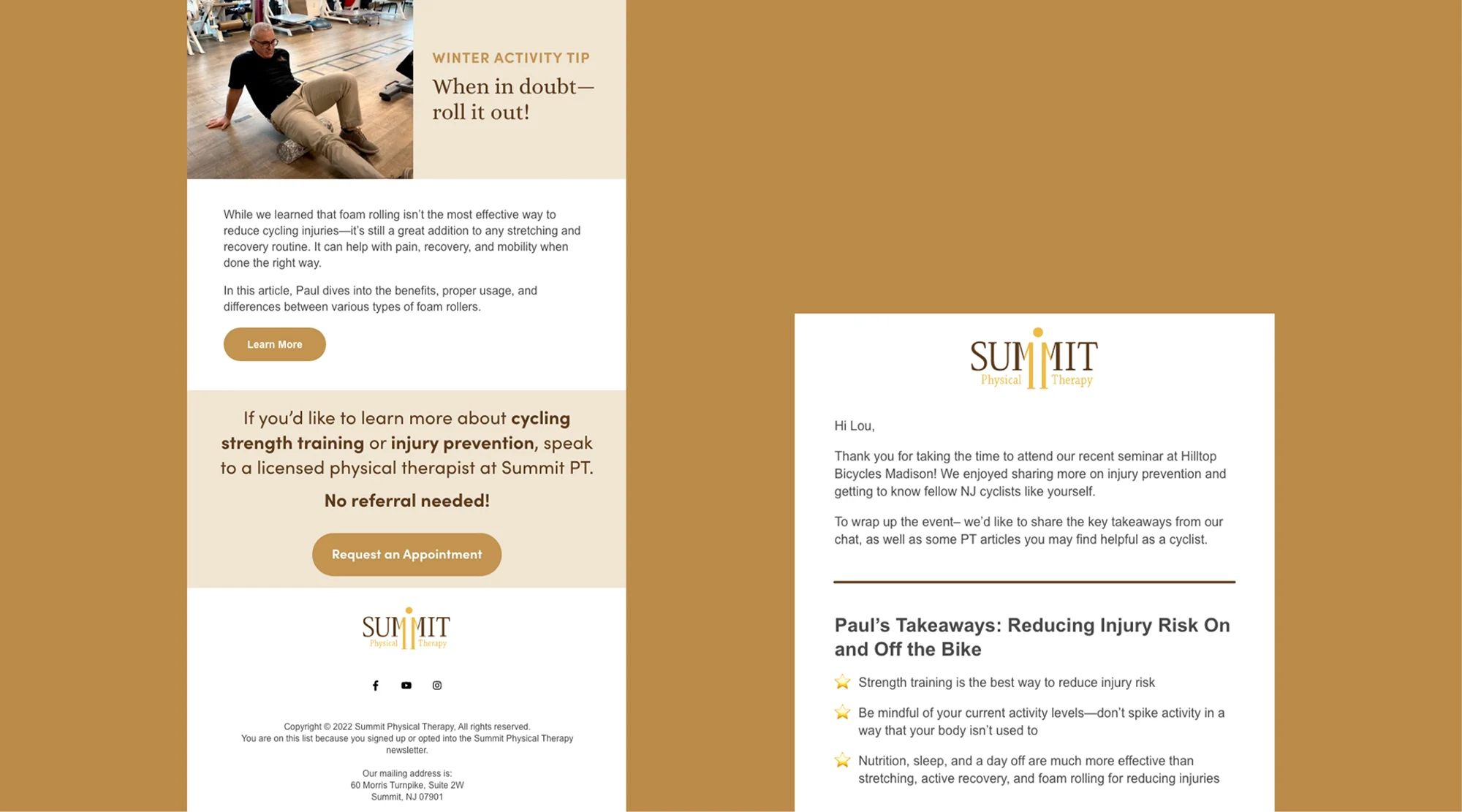 A mockup of email marketing from Summit Physical Therapy. 