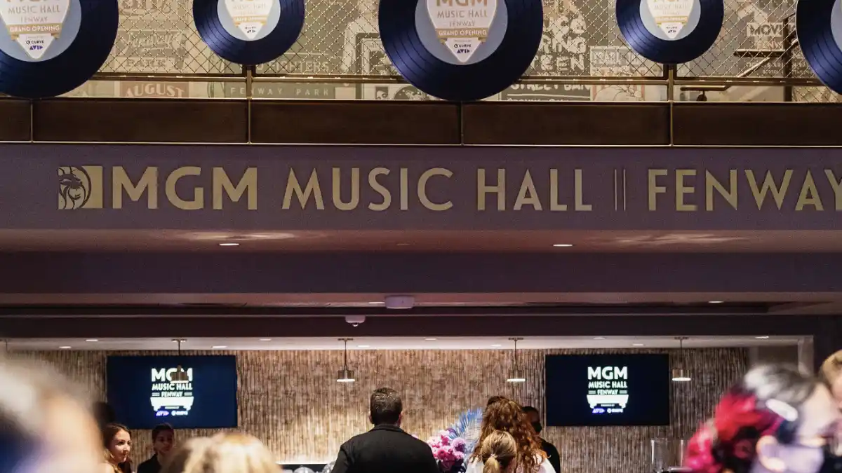 Interior of MGM Music hall with people waiting.