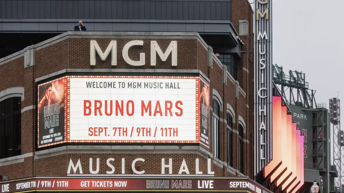 Exterior of MGM Music Hall with Bruno Mars sign.