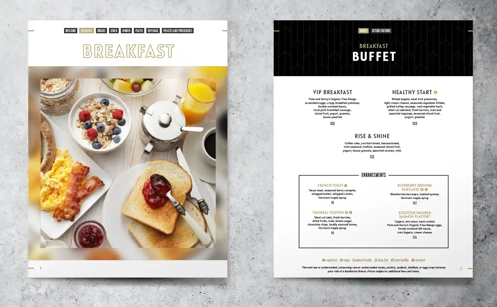 Two pages of the MGM menu no a grey background, breakfast and buffet pages.
