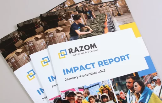 Award-Winning Razom for Ukraine Impact Report designed by Trillion.