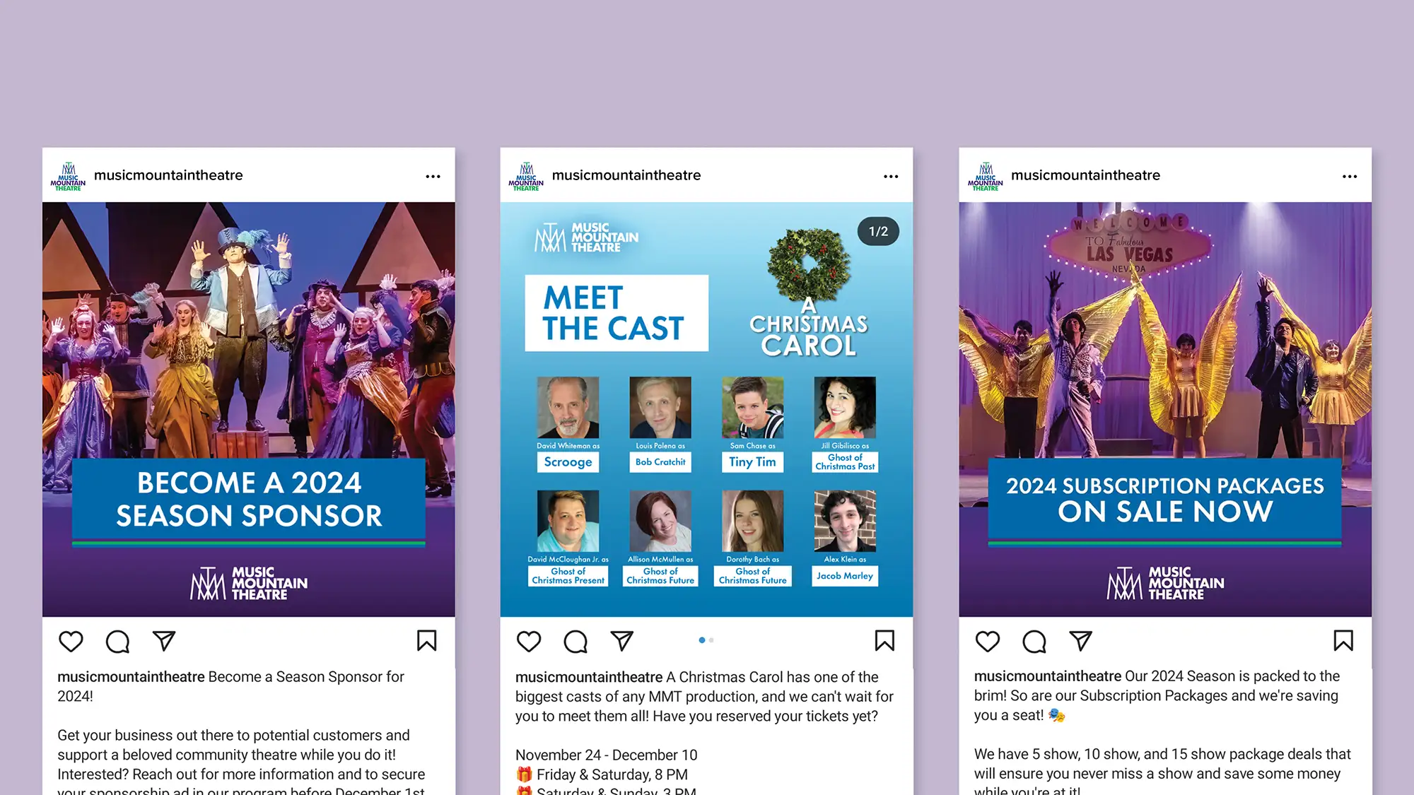 Three Instagram posts for Music Mountain Theatre on a purple background.