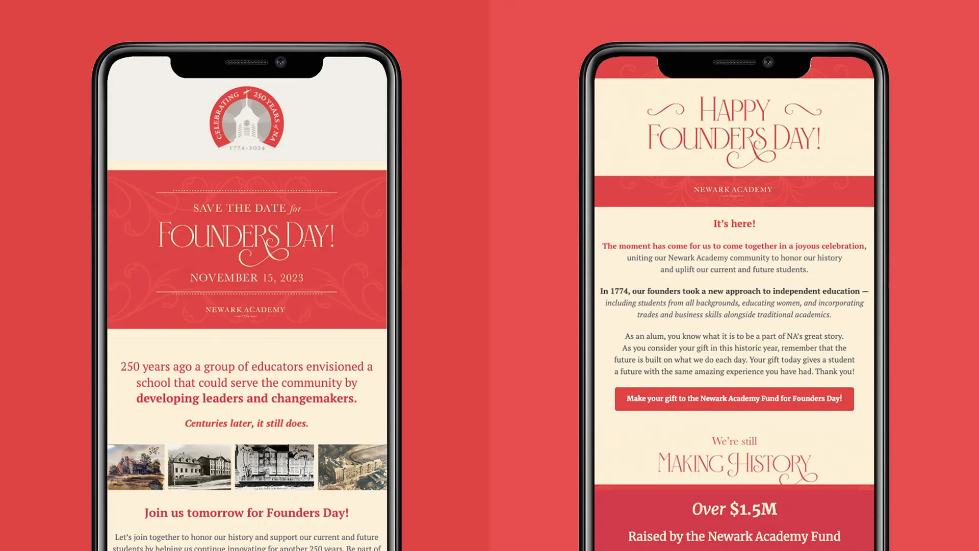 Fundraising Campaign for Newark Academy showing two smart phones next to each other with emails for Founder's Day.