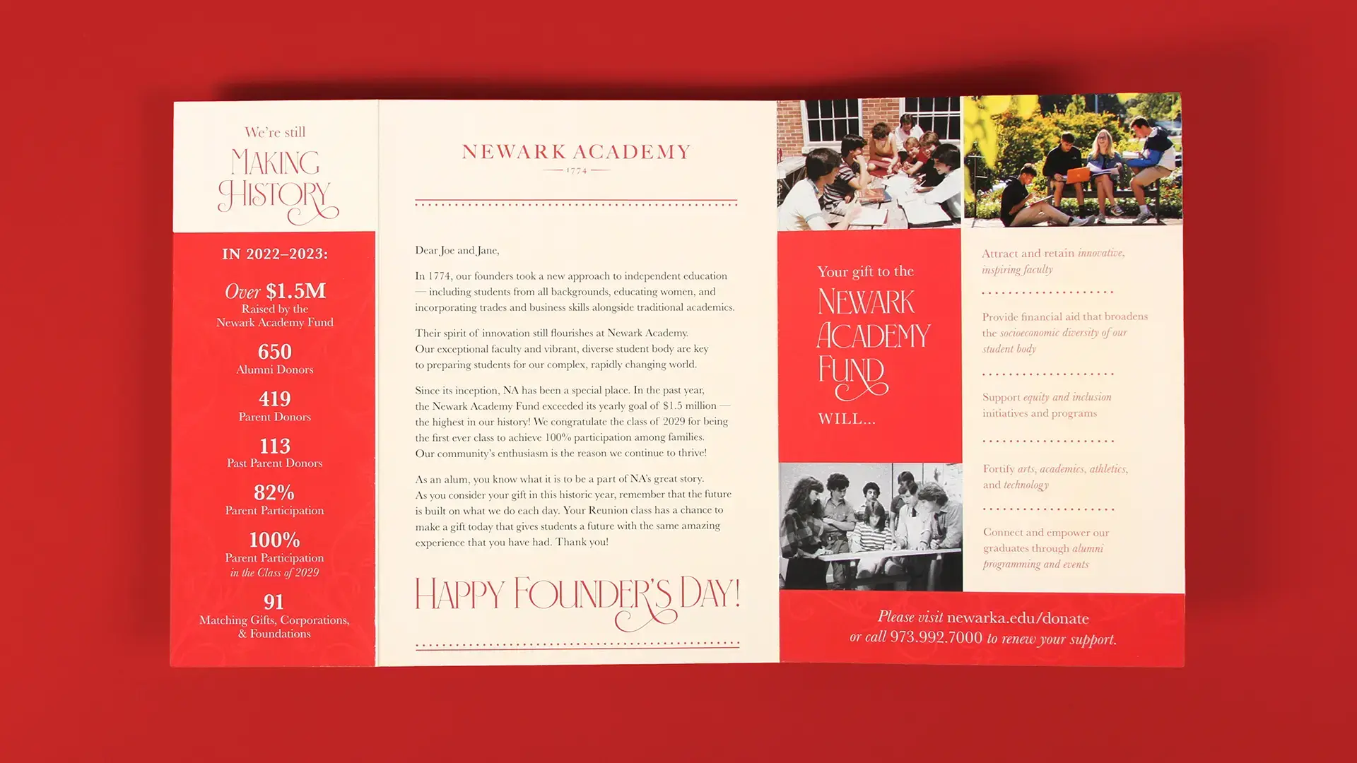The interior of a trifold fundraising campaign brochure with high-contrast areas of red and cream colored paper with an elegant but modern serif font for large headlines. 