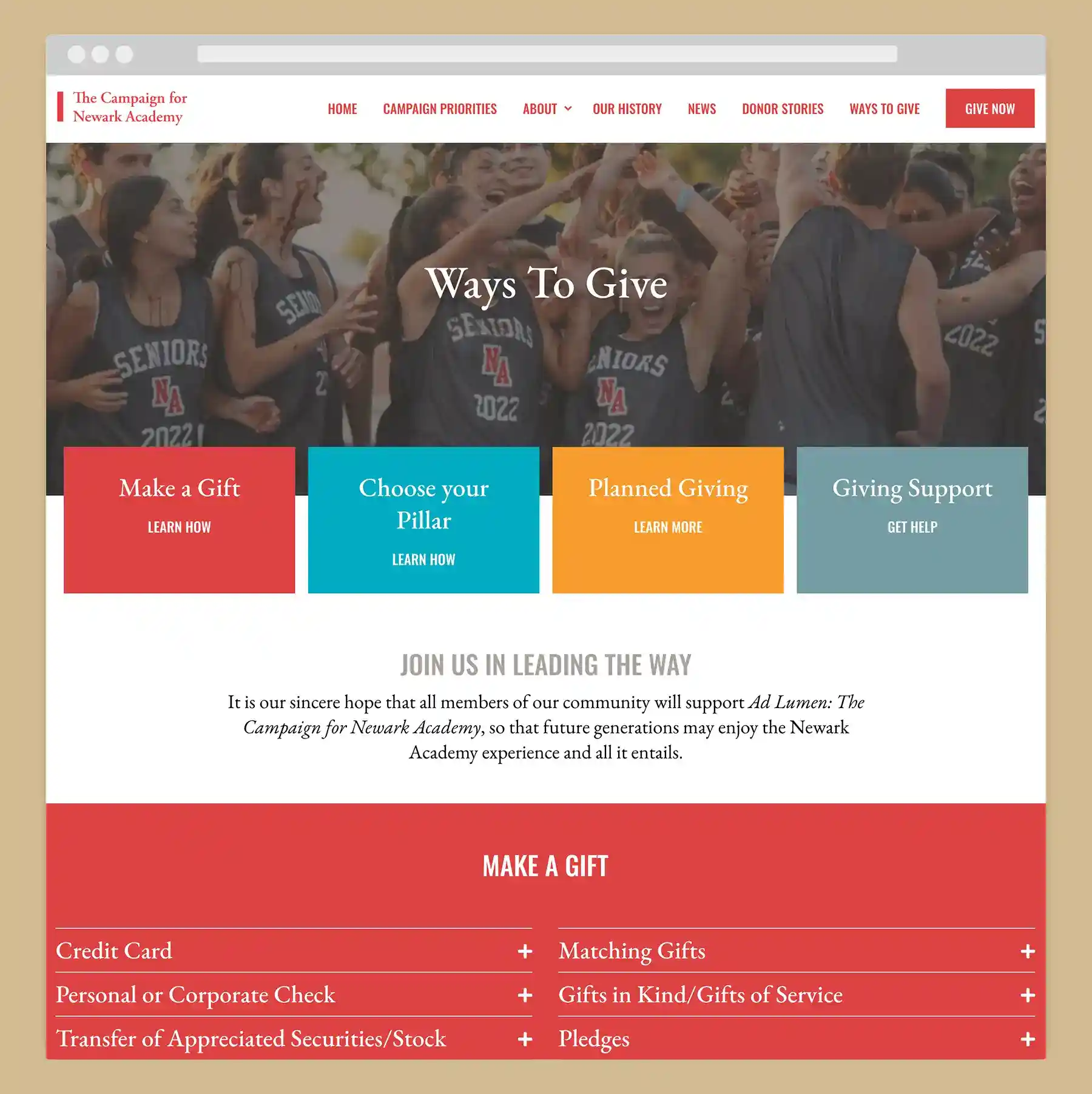 "Ways to Give" page of Newark Academy institution website design