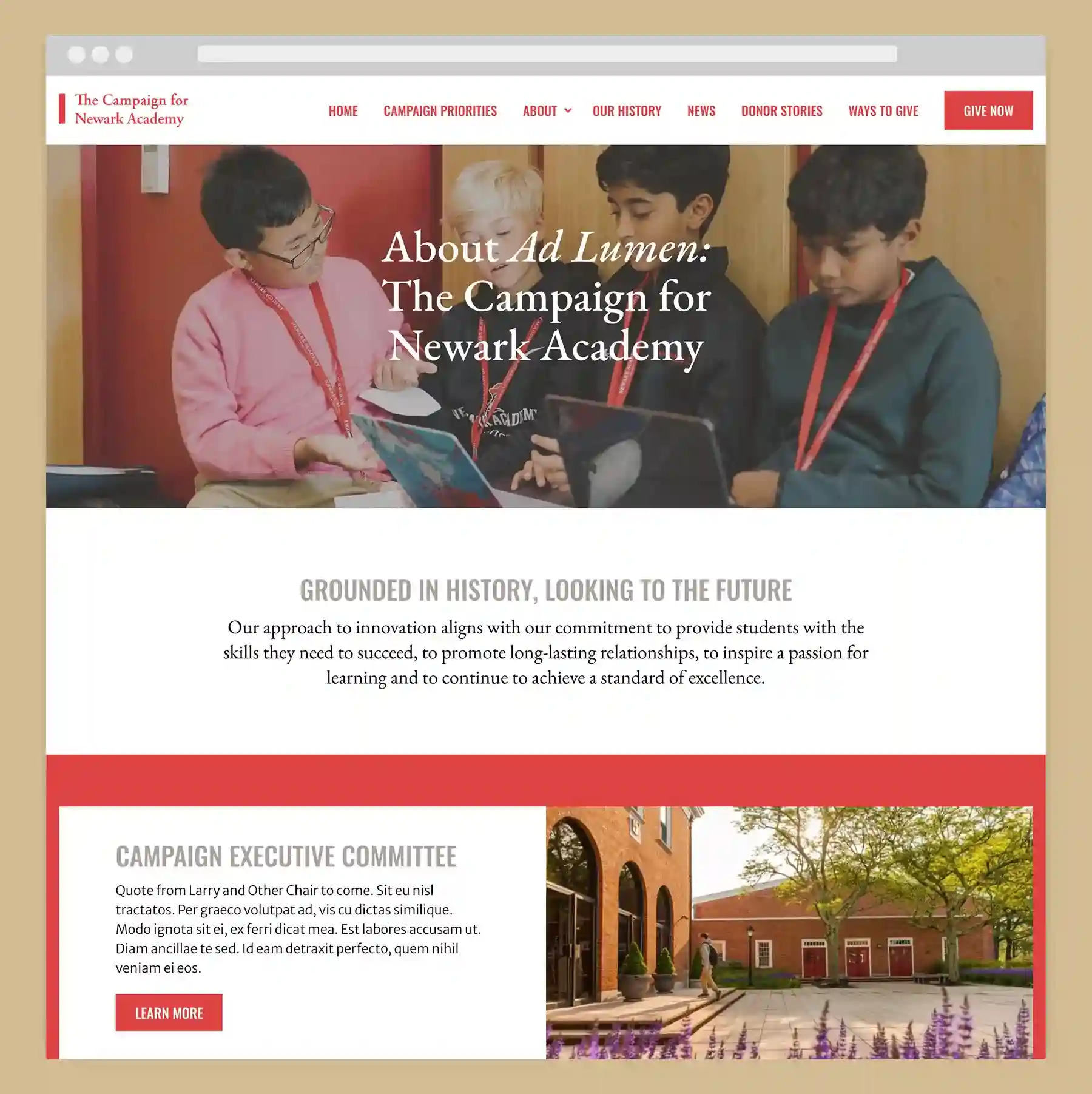 "About Ad Lumen: The Campaign for Newark Academy" page of Newark Academy institution website design
