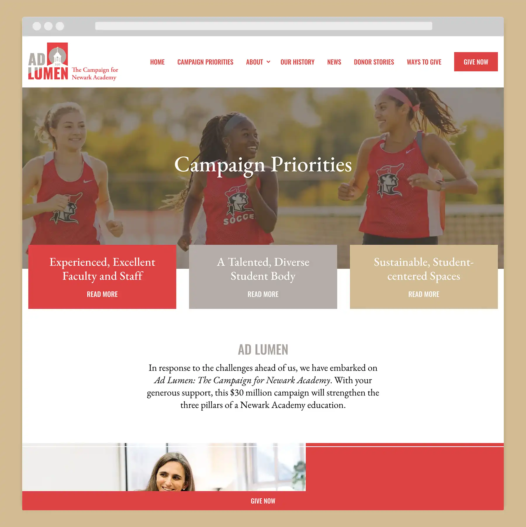 "Campaign Priorities" page of Newark Academy institution website design