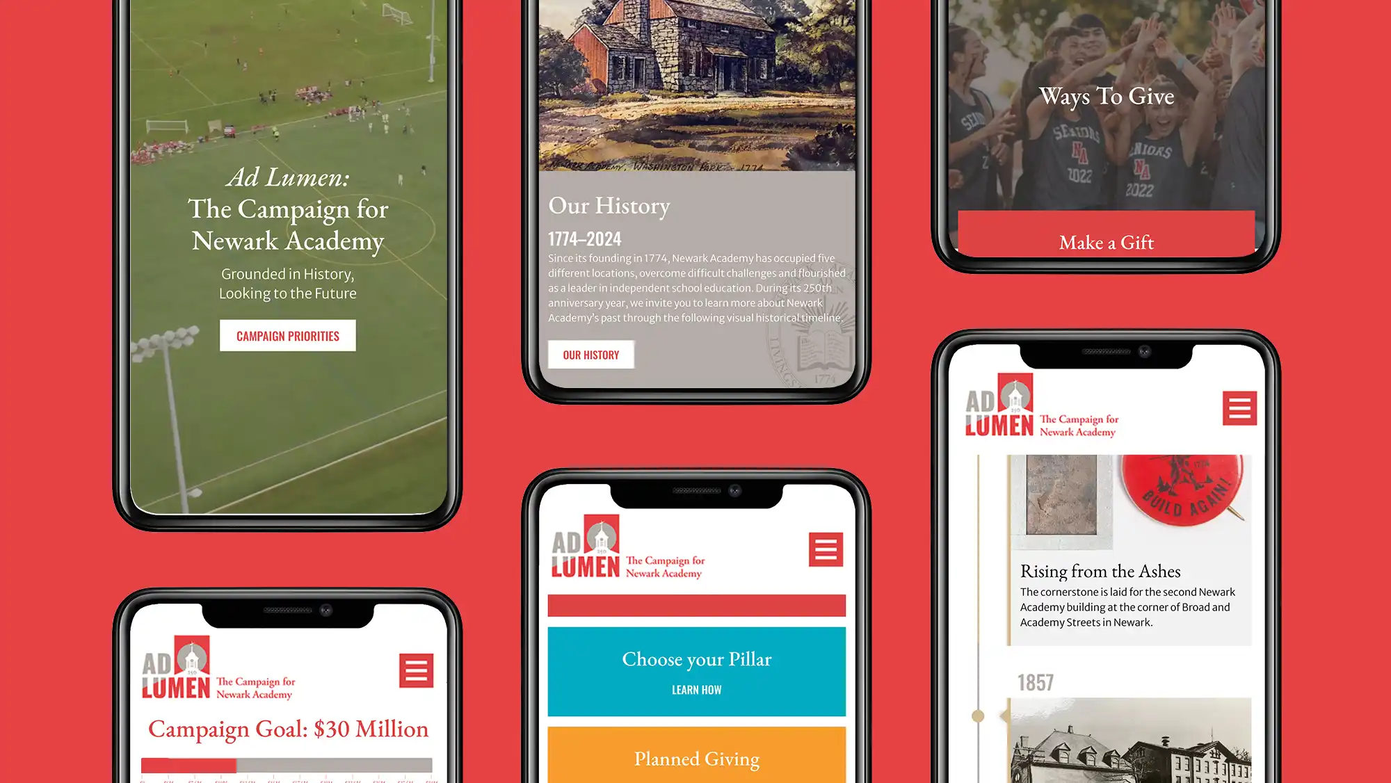 Newark Academy institution website design showing 6 phones with the mobile website design