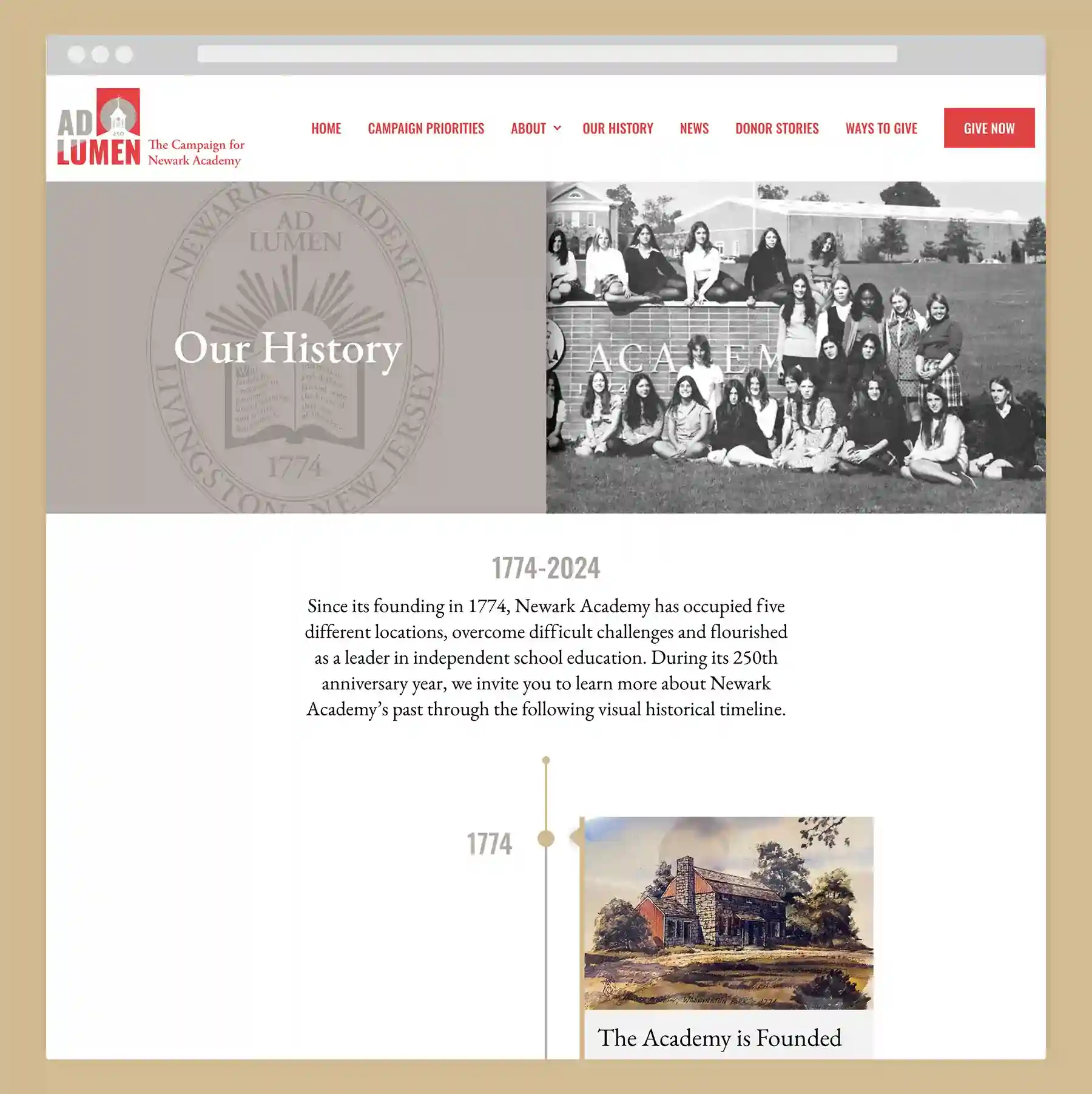 "Our History" page of Newark Academy institution website design