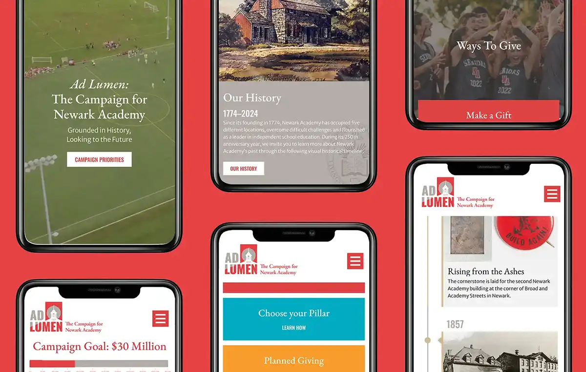 Newark Academy institution website design showing 6 phones with the mobile website design