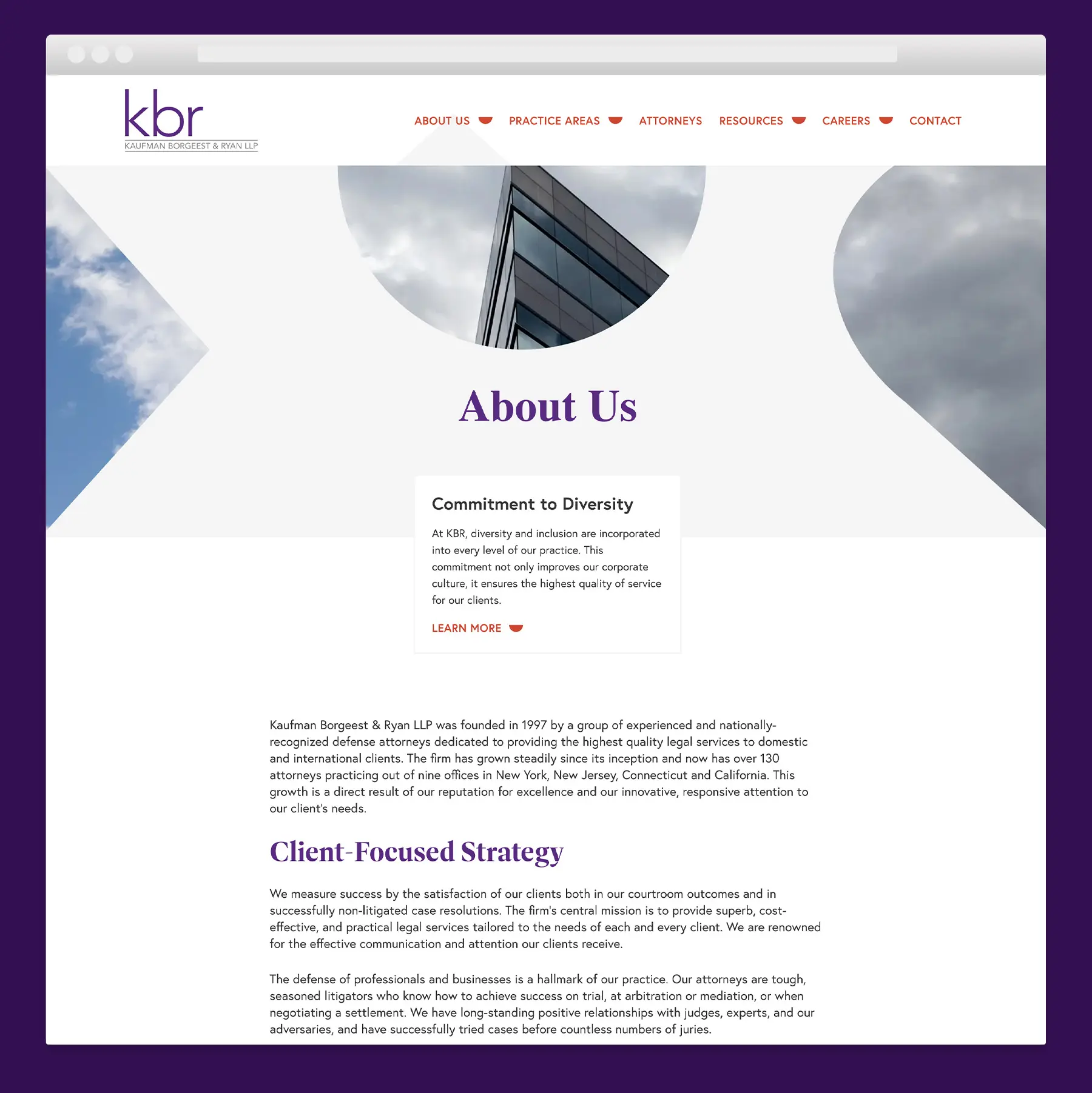 About us page design with abstract shapes masking an image of a building with blue sky and clouds behind it