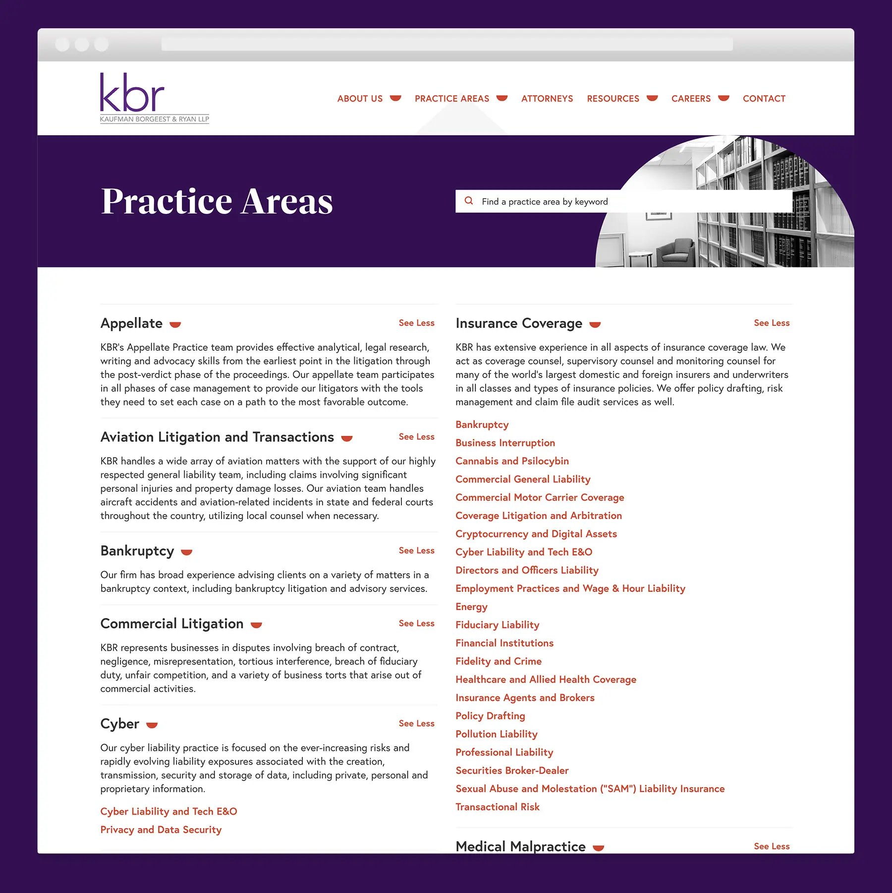 Law firm website design for the Practice Areas page