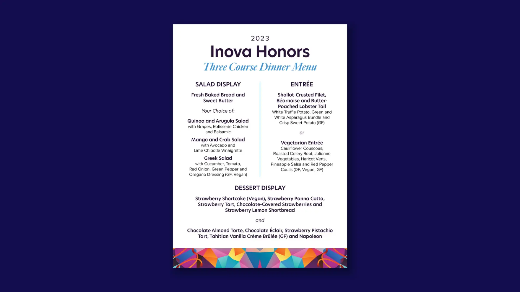 Menu card for the Inova Honors Gala.