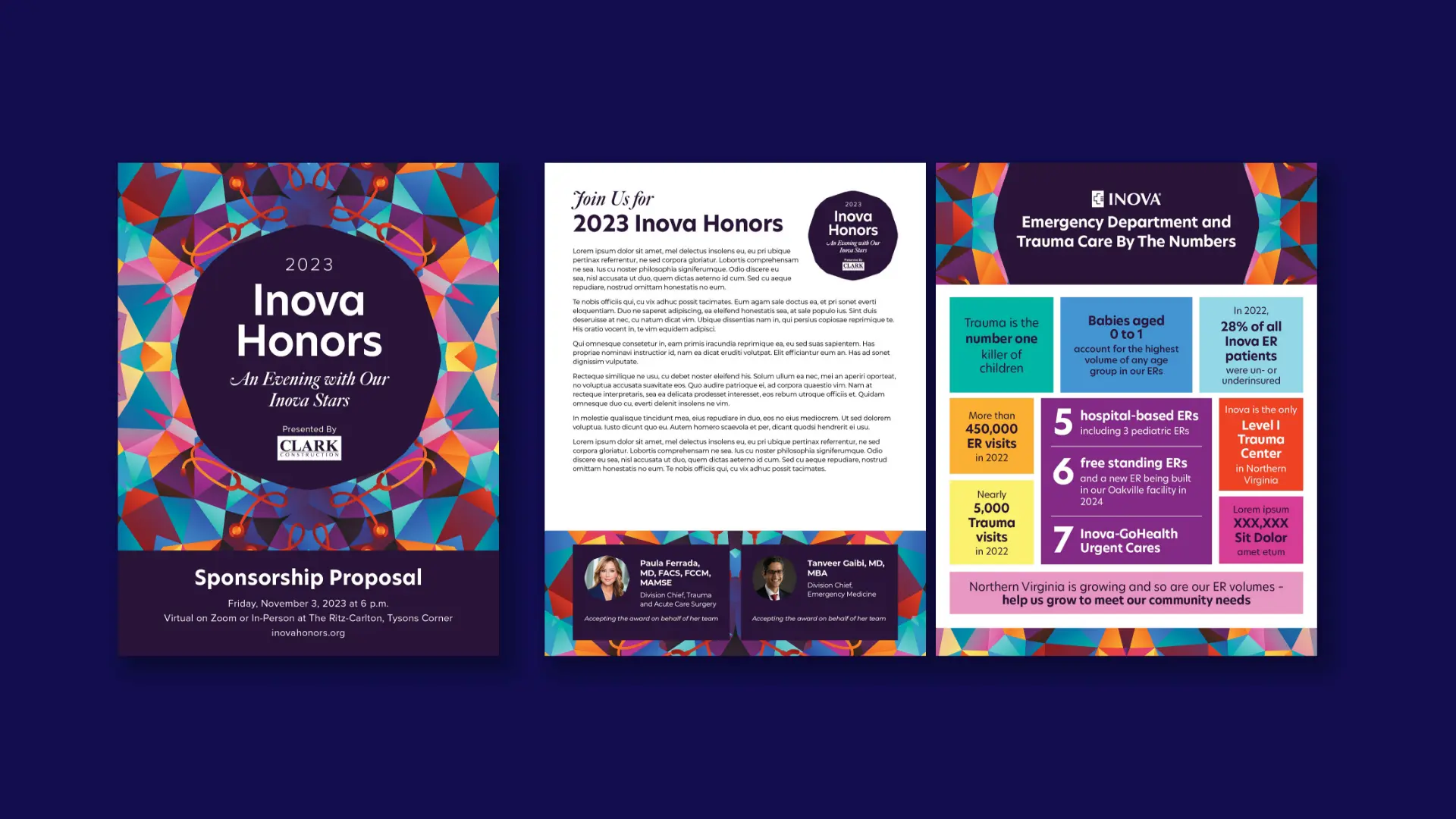 Cover and pages of the Inova Honors Gala sponsorship proposal kit.